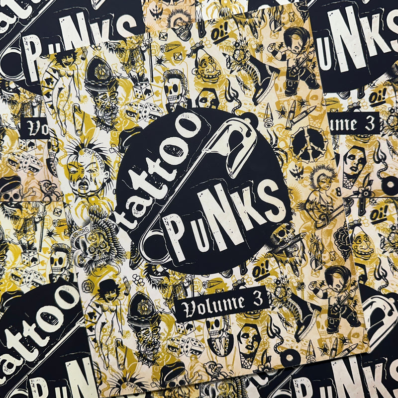 Front cover of Tattoo Punks Vol. 3 featuring a collage of black and yellow illustrations.