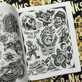 Inside pages of Tattoo Punks Vol. 3 featuring black and white flash of punk motifs such as a punk panther, a punk girl and a rose, and a punk skull.