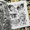 Inside pages of Tattoo Punks Vol. 3 featuring black and white flash of punk motifs such as a punk rock frog holding a vinyl.