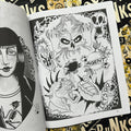 Inside pages of Tattoo Punks Vol. 3 featuring black and white flash of punk motifs such as a punk panther, a singing skull, a fighting fist, and a girl holding a demon skull.