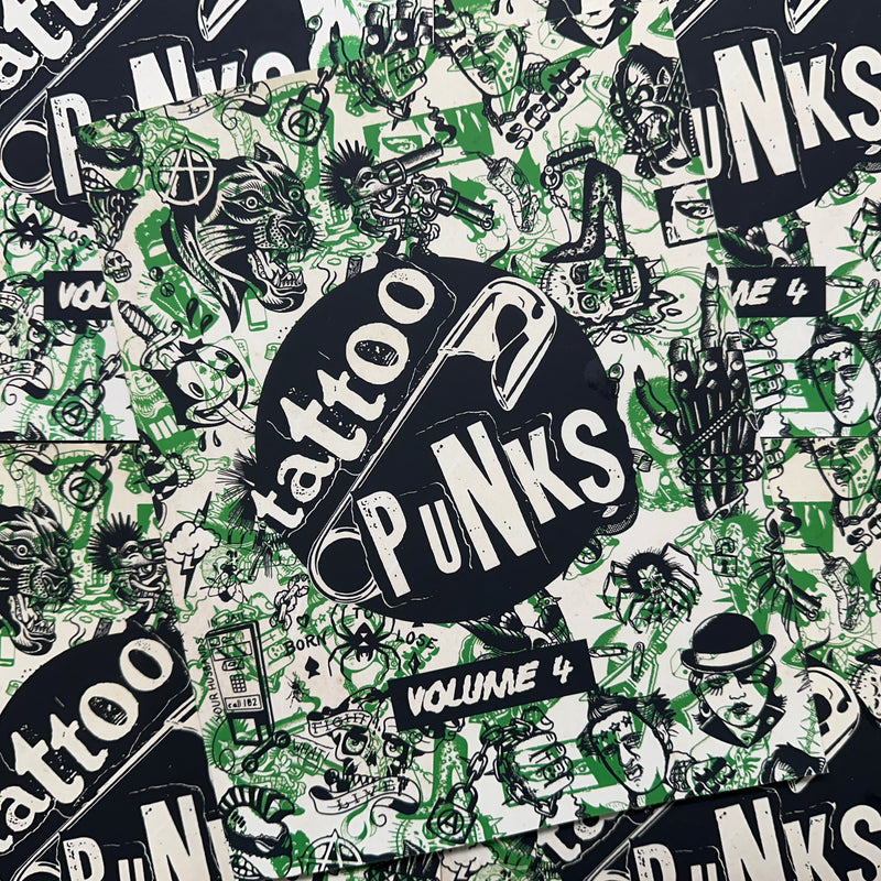 Front cover of Tattoo Punks Vol. 4 featuring a collage of black and green illustrations.