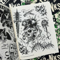 Inside pages of Tattoo Punks Vol. 4 featuring black and white flash of punk motifs such as a skull smashed by a spike ball, a spiky dagger, thorny rose, and spike hearts.