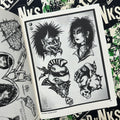 Inside pages of Tattoo Punks Vol. 4 featuring black and white flash of punk variations of characters such as a girl, a teenage mutant ninja turtle, and a demon.