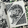 Inside pages of Tattoo Punks Vol. 4 featuring black and white illustration of a punk version of a panther girl head.