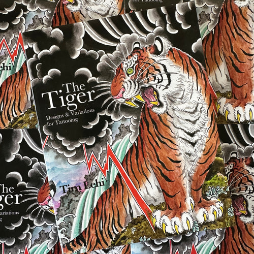 Front cover of The Tiger Book by Tim Lehi featuring a color painting of a tiger roaring. A waterfall, dark clouds and red thunder feature in the background.