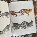 Inside pages of The Tiger Book by Tim Lehi featuring black & grey and color illustrations of tigers holding another's tail.