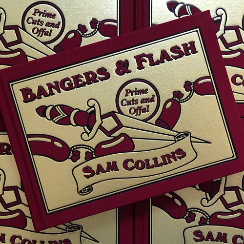 Cover of Sam Collins - Bangers & Flash showing a dagger cutting through sausage links 