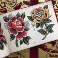 Inside page of Sam Colllins - Bangers & Flash presenting a red peony and yellow rose 
