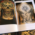 Photos of back tattoo pieces with skulls, wings and lotus, from Filip Leu book.