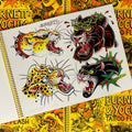 Inside pages of Devin Burnett & James Yocum Tattoo Flash featuring two cheetahs and two panthers in traditional flash style.