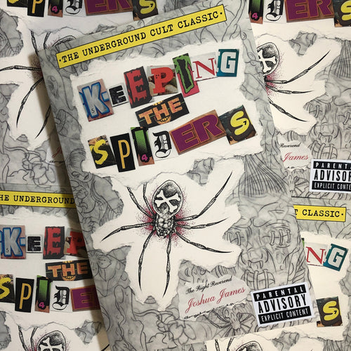 Front cover of Keeping the Spiders by Joshua James featuring tattoo imagery in the background with a black and grey spider illustration as the focal point.