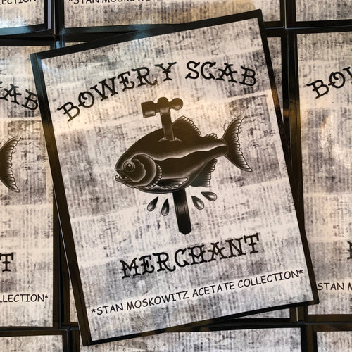 Front cover of Bowery Scab Merchant: Stan Moskowitz Acetate Collection. Shows black and gray drawing offish and hammer.