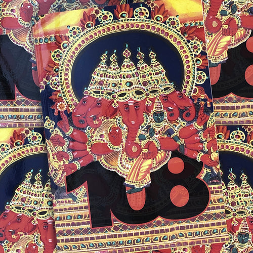 Front cover of 108 Deity featuring a colorful rendition of Ganesha holding another deity.
