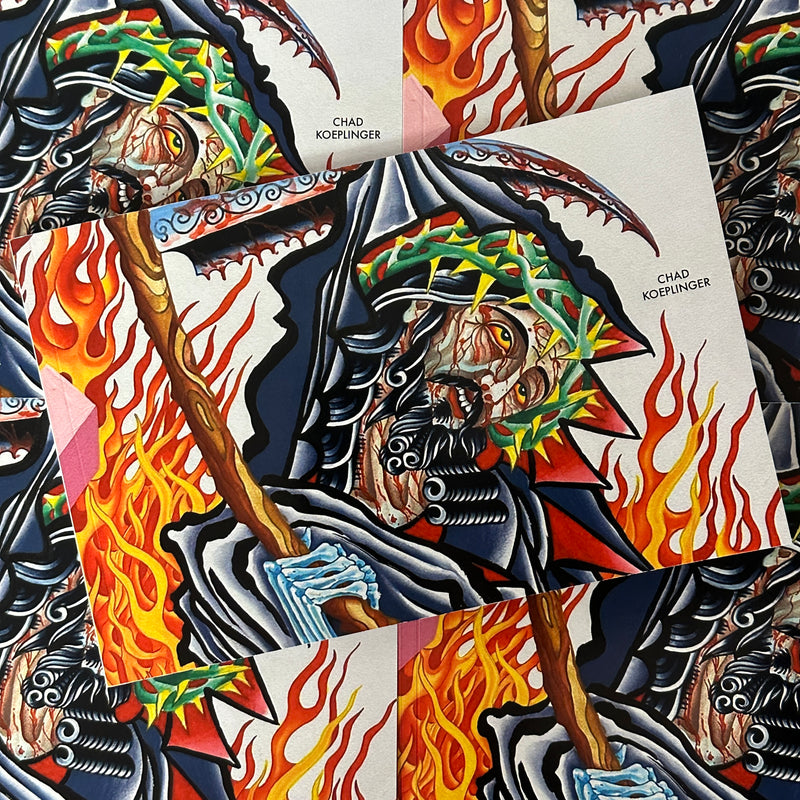Front cover of BD 07 - Chad Koeplinger featuring a colorful painting of a grim reaper with a bloody Christ under the hood, wearing the crown of thorns. He is holding a bloody scythe and flames surround the background.