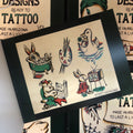 Inside pages of Designs Ready to Tattoo Vol. 1 by Wyatt Howland featuring animal imagery in traditional style. Included are a rabbit taking a bath, a pig reading the news, a bunny watching tv, and a mouse on a swan.