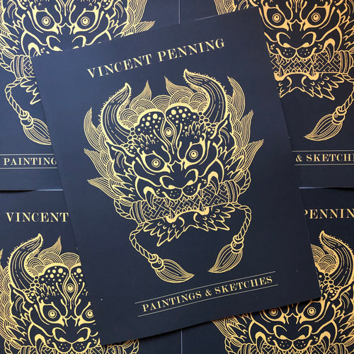 Front cover of Vincent Penning Paintings & Sketches featuring a line grawing of a dragon's head in gold on a dark blue cover.
