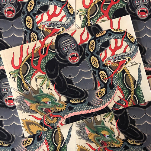 Front cover of Chris Marchetto Art featuring a battle royale depiction of a snake, dragon, and gorilla in battle portrayed in traditional style and colors.