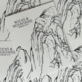 Front cover of Rocks & Mountains featuring a line drawing of a rocky mountain side in the traditional Japanese style.
