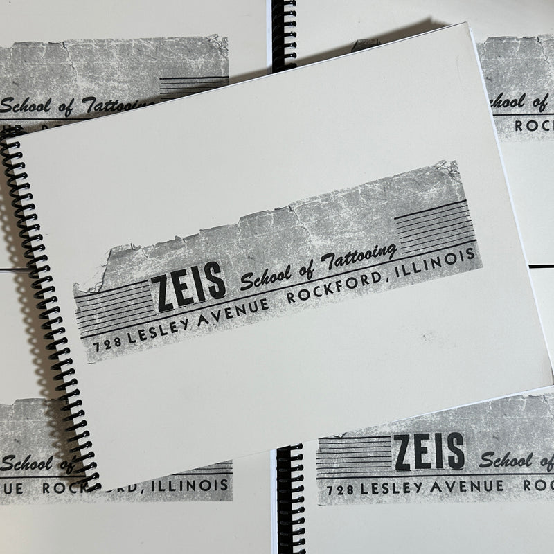 Front cover of Dana Brunson - Zeis School of Tattooing Vol. 2 featuring the title in bold, black lettering. Underneath is Zeis' address: 728 Lesley Avenue Rockford, Illinois. The rest of the cover is plain and neutral.