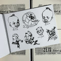 Inside pages of Dana Brunson - Zeis School of Tattooing Vol. 2 featuring sweet and sour baby heads, nautical flash of women, a man, and two monkeys; and a rose a dagger with 'mother' on the banner. All done in the traditional style.