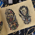 Inside pages Tattoo Master Pinky Yun: The Don Ed Hardy Collection featuring two flash illustrations in colors. One is a warrior ready to strike a dragon and the other is a mermaid riding an eagle.