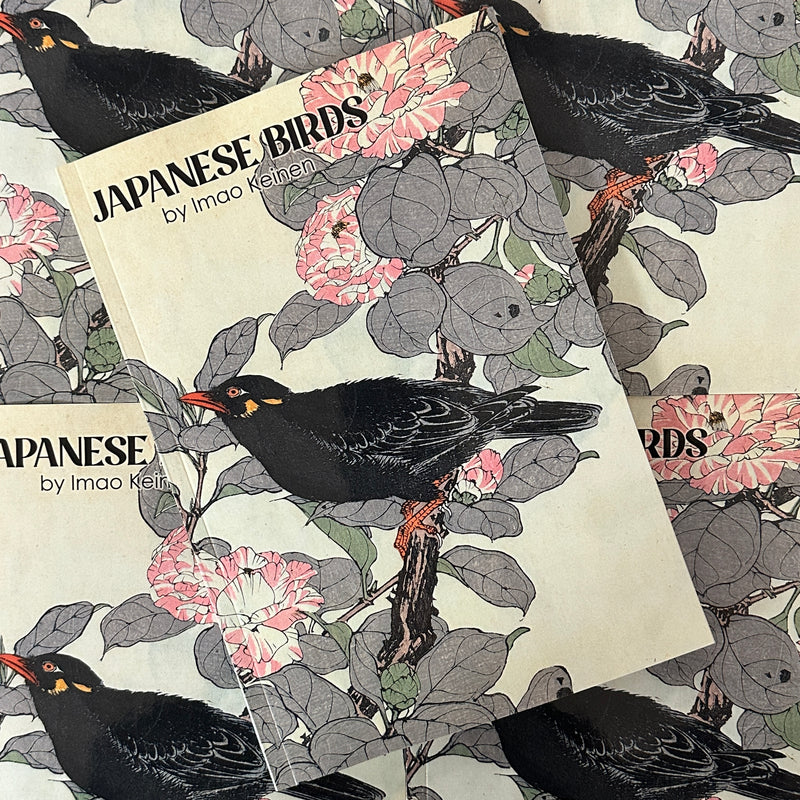 Front cover of Japanese Birds by Imao Keinen featuring a painting of a black bird on a branch with grey leaves and pink flowers.