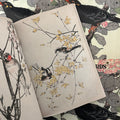 Inside pages of Japanese Birds by Imao Keinen featuring two small birds on thin branches with yellow leaves.