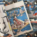 Inside pages of Hiroshige featuring a woodcut print of ladies being transported through the water on palanquins.