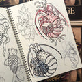 Alix Ge's sketch art of shrimp, koi, and Japanese flowers.