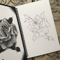 BJ Betts's roses drawings, one in black-and-grey, the other in outline drawing.