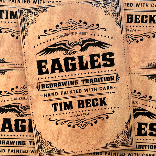 Front cover of Tim Beck - Eagles: Redrawing Tradition featuring  an eagle and black font on a tan cardboard looking cover. 