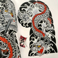 Half-sleeve in black and red, from Garyou Tensei: 108 Japanese Tattoo Sleeve Designs by Yushi "Horikichi" Takei.