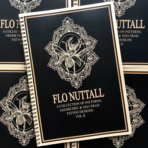 Belzel Books presents Flo Nuttall -- A Collection of Patterns, Geometric and Neo-Trad Tattoo Designs Vol. II. Insect on black cover.