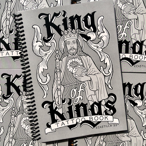 Belzel Books presents Enrique Castillo's King of Kings Tattoo Book. Jesus Christ on grey cover.