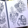 Chad Koeplinger's outline drawings of skeletons, daggers, and gorillas.
