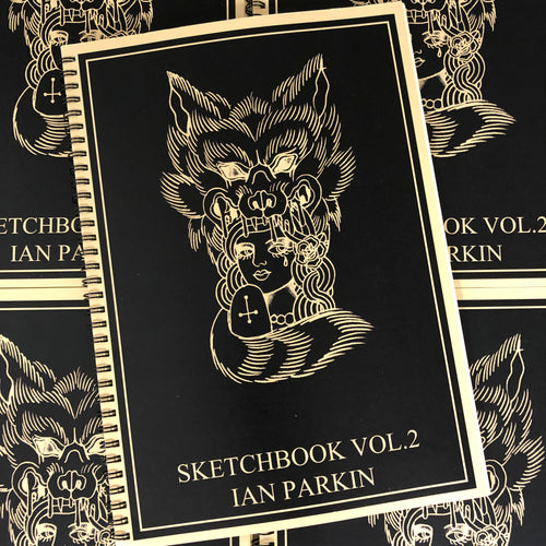 Belzel Books presents Sketchbook Vol. 2 by Ian Parkin. Girl with wolf head on black cover.