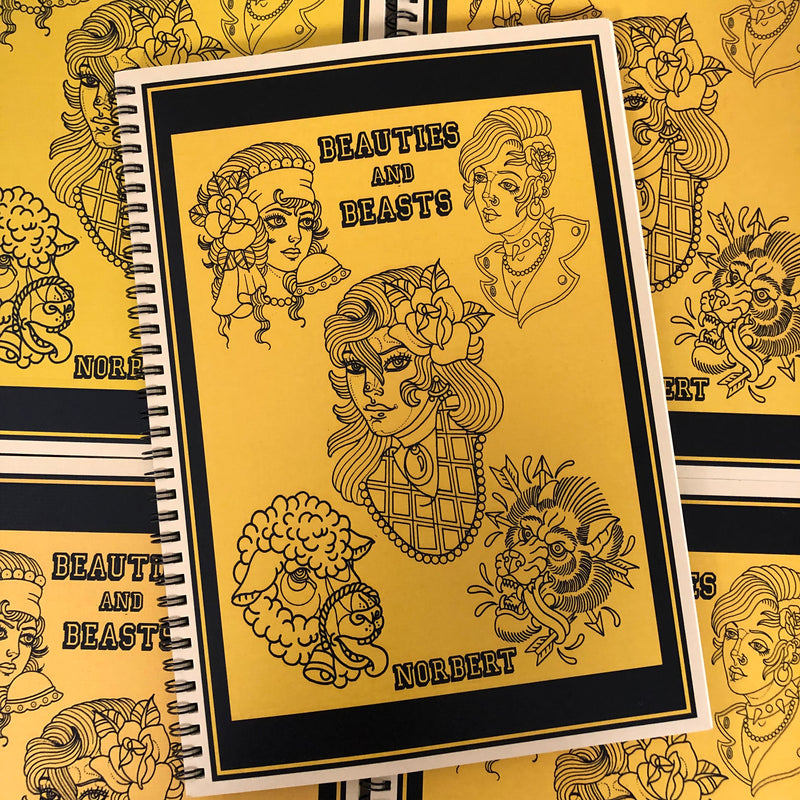 Belzel Books presents  Beauties and Beasts by Norberto Gonzalez. Girl and animal heads on yellow cover.