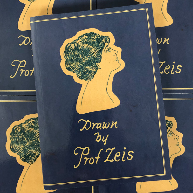 Front cover of Drawn by Prof Zeis. Portrait of a woman on dark blue cover.