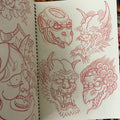 Red sketches of heads of mystical creatures from Steve Morante - Japanese Drawings