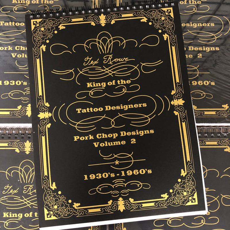 Front cover of Tex Rowe - Pork Chop Designs, 1930s-1960s, Vol. 2 featuring golf writing on a large black spiral boun dbook.