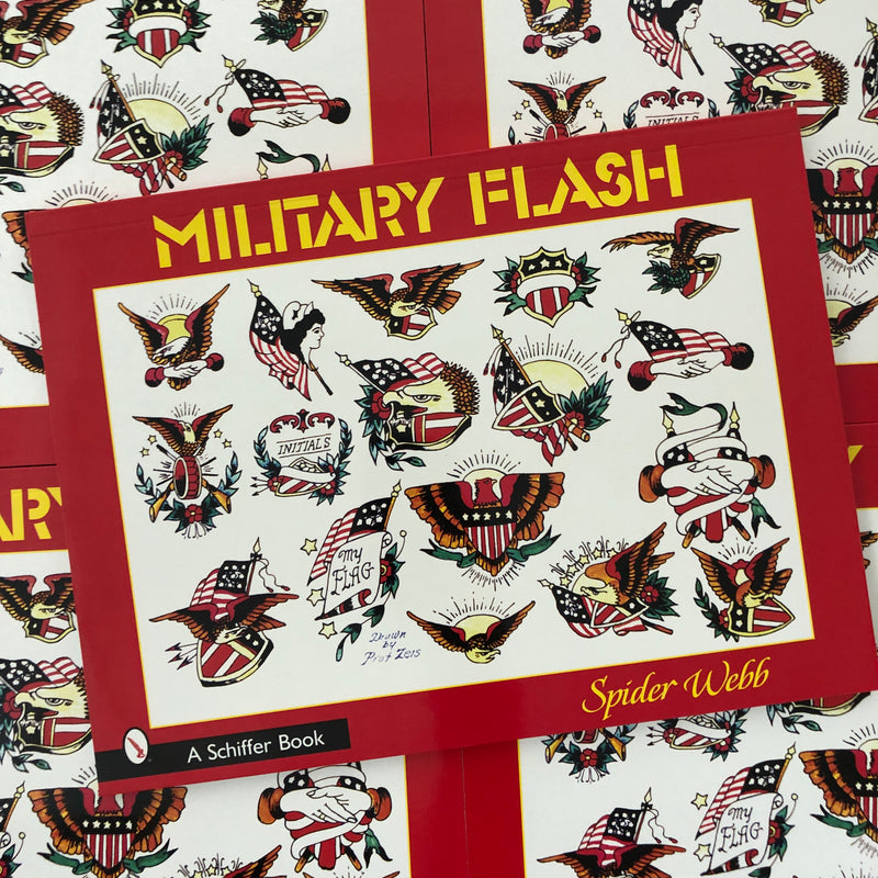 Belzel Books presents Military Flash by Spider Webb. Patriotic tattoo flash on a red over.