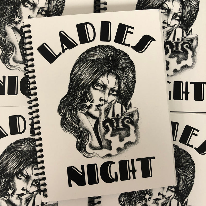 Front cover of Todd Noble & Chuco Moreno - Ladies Night featuring featuring a black line drawing of a woman with a shotgun on a white cover.