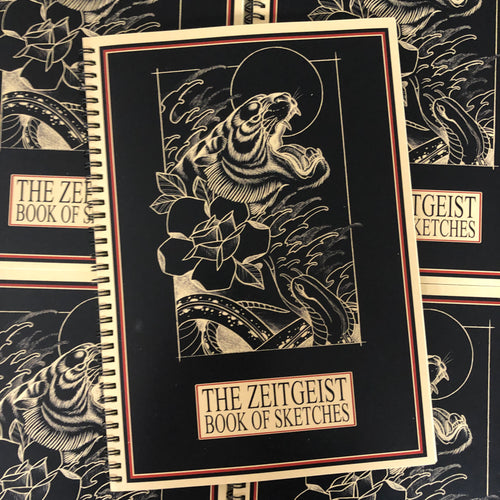 Front cover of The Zeitgeist Book of Sketches featuring line drawing of a tiger on a black cover.