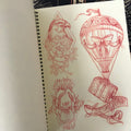 Inside pages of The Zeitgeist Book of Sketches featuring whimsical red pencil sketches.