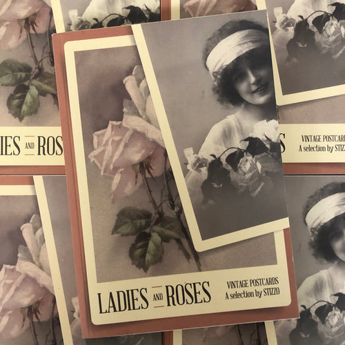 Front cover of Vintage Postcards: Ladies & Roses featuring old postcards on a brown cover.