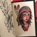 Inside pages of Todd Noble - The Look of Love Book Vol. I featuring a color drawing and a stencil of a girl's face.