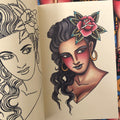Inside pages of Todd Noble - The Look of Love Book Vol. II featuring a color drawing and a stencil of a girl's face.