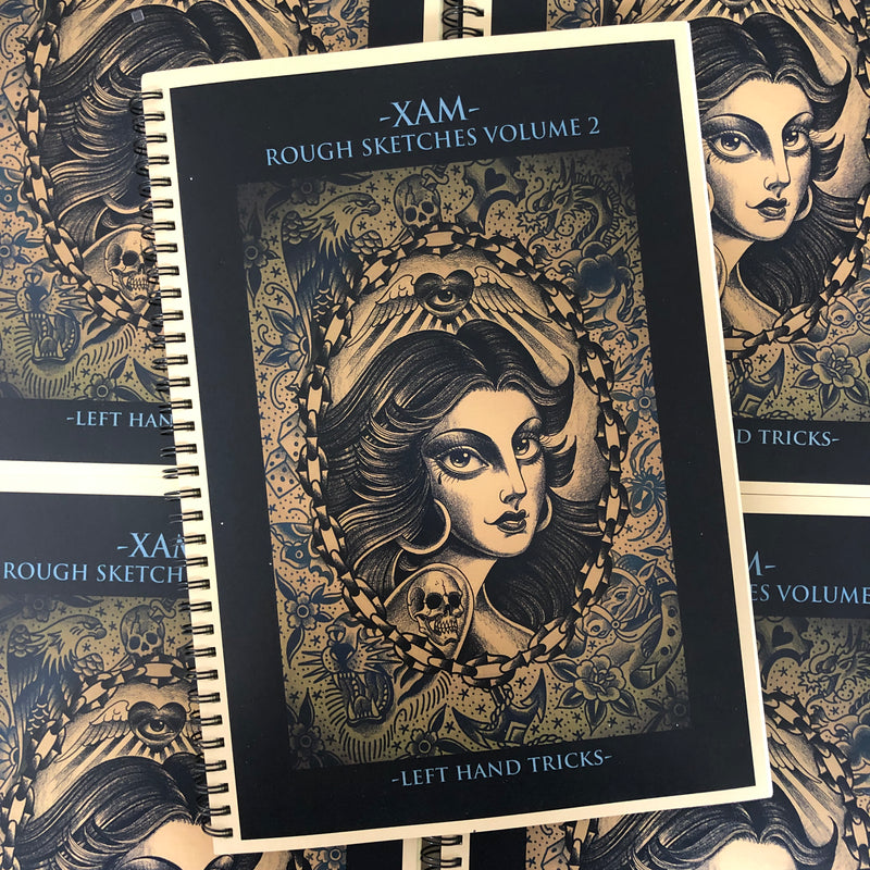Front cover of Xam - Rough Sketches Vol. 2: Left Hand Tricks featuring a drawing of a girl's face and vintage flash on a black cover. 