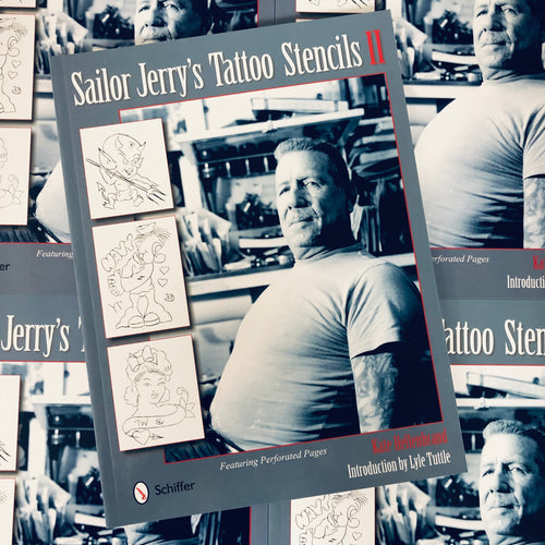 Belzel Books presents Sailor Jerry’s Tattoo Stencils II by Kate Hellenbrand. Portrait of Sailor Jerry on grey cover.