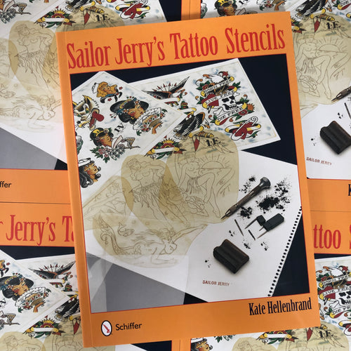 Front cover of Sailor Jerry’s Tattoo Stencils (Vol. 1) featuring a photo of flash and stencils.